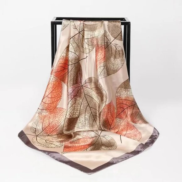 2/$30 Elegant Leaf Pattern Square Silky Satin Scarf Light Brown Orange Gift - Picture 1 of 4